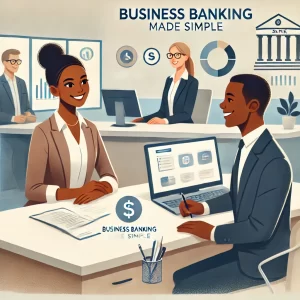 DALL·E 2025-01-09 20.07.19 - An engaging and professional illustration of a Black small business owner (a young woman in business casual attire) sitting at a modern bank desk whil