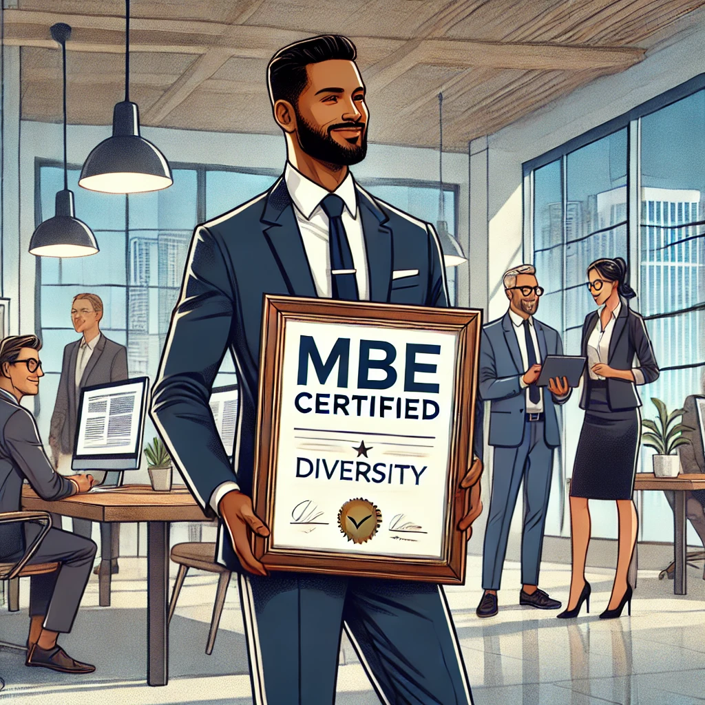 DALL·E 2025-01-09 20.15.24 - A professional illustration of a minority business owner receiving an award or certification in a business setting. The individual, representing diver